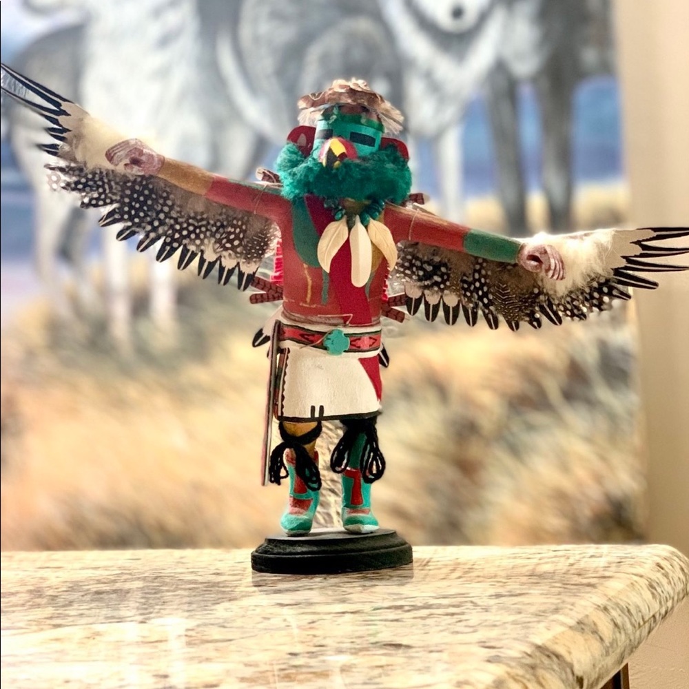 Hopi Indian Kachina Doll wooden, 11” tall wooden stand w feathers wings vintage